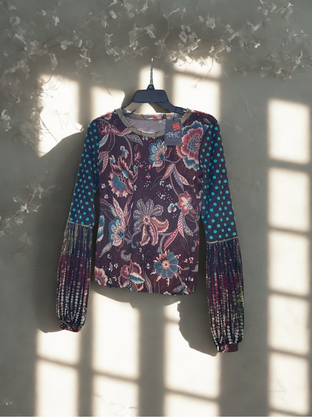 ANAC Purple Floral & Teal Polka-Dot Long Sleeve Top